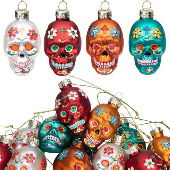 12pcs Day of the Dead Glass Ornaments Sugar Skull Halloween Christmas Tree Decor - Picture 1 of 7